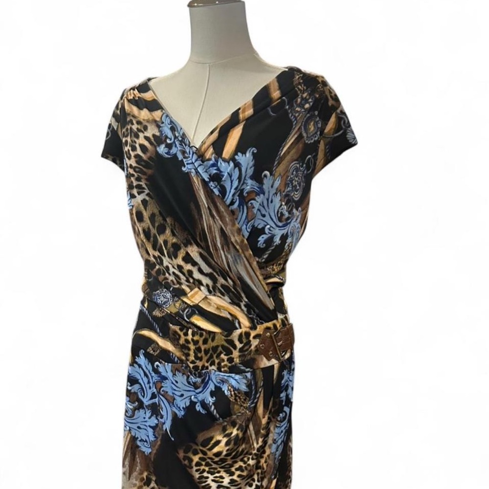 Cache Black, Blue & Tan Animal-Print Wrap Midi Dress